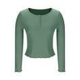 thumbnail image 6 of BiZtdJrK Women's Cropped Tops Ribbed Knit Button Crew Neck Long Sleeve Henley Shirts Slim Y2k Street T Shirt Green M, 6 of 8
