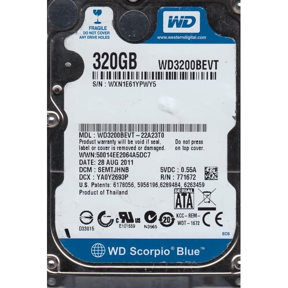 WD3200BEVT-22A23T0, DCM SEMTJHNB, Western Digital 320GB SATA 2.5 Hard Drive