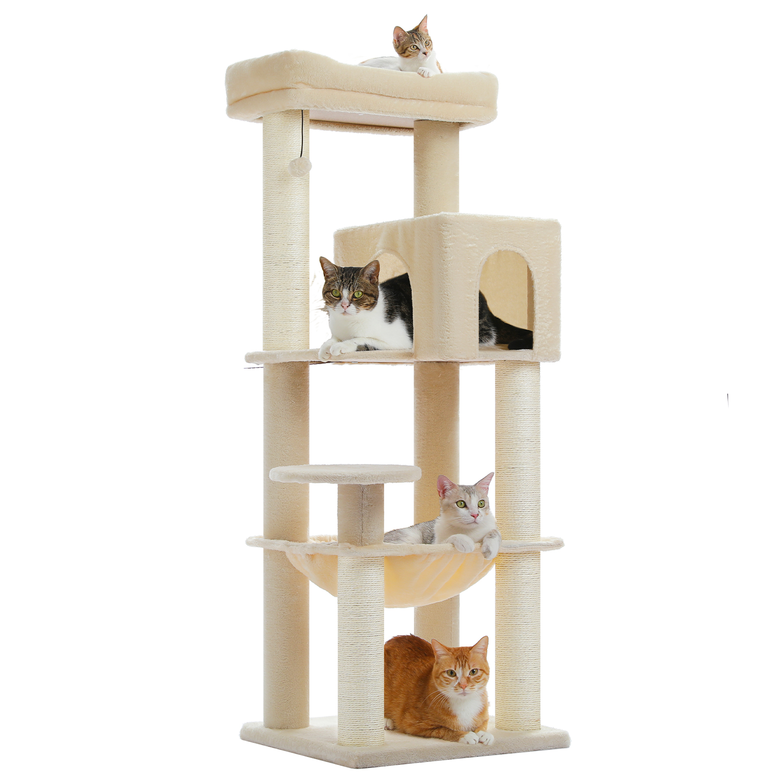 PEQULTI 58" Large Cat Tree with Spacious Hammock and Huge Condo Cat Tower for Indoor Cats Beige
