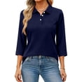 thumbnail image 3 of Womens V Neck 3/4 Sleeve Casual Polo Shirts Collared Button Down Summer Tops Basic Tennis Business T-Shirt Navy XL, 3 of 6