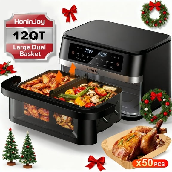 HoninJoy Friteuse à Air Chaud de 12 Litres avec Panier Flexible, Hublot de Cuisson et 50 Sacs de Cuisson Inclus, 8 Programmes de Cuisson Préréglés, Écran Tactile DEL, Revêtement Antiadhésif et Compatible Lave-Vaisselle, Neuve