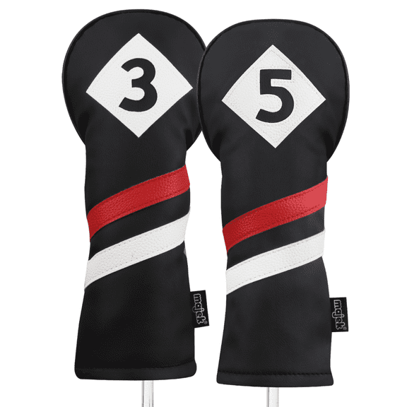 Majek Retro Golf Headcovers Black Red and White Vintage Leather Style 3 & 5 Fairway Wood Head Cover Classic Look
