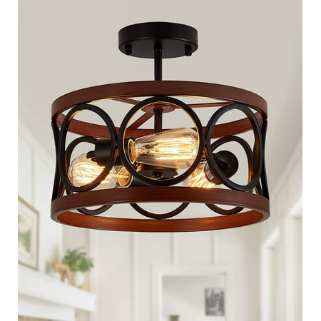 

BBNBDMZ HPJNB Semi Flush Mount Modern Farmhouse Ceiling Light Fixtures 3-Lights Black and Retro Wood Finish Drum Shade Rustic Light Fixtures for Entryway Hallway Foyer Kitchen Dining Room