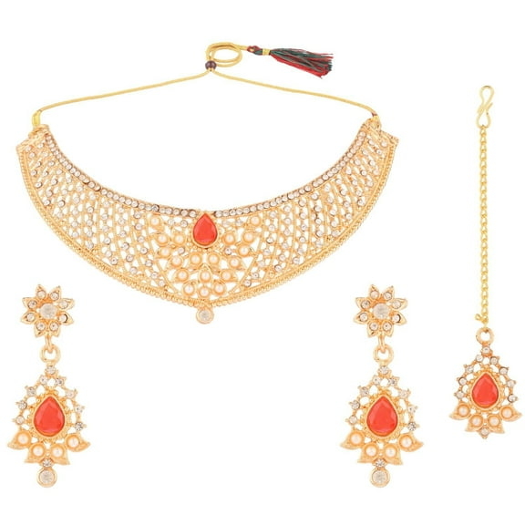 Efulgenz Indian Jewelry Set Traditional Antique Simulated Color Stone Tear Drop Shape Faux Pearl Drop Bridal Choker Necklace Earrings Wedding Jewelry Set for Women