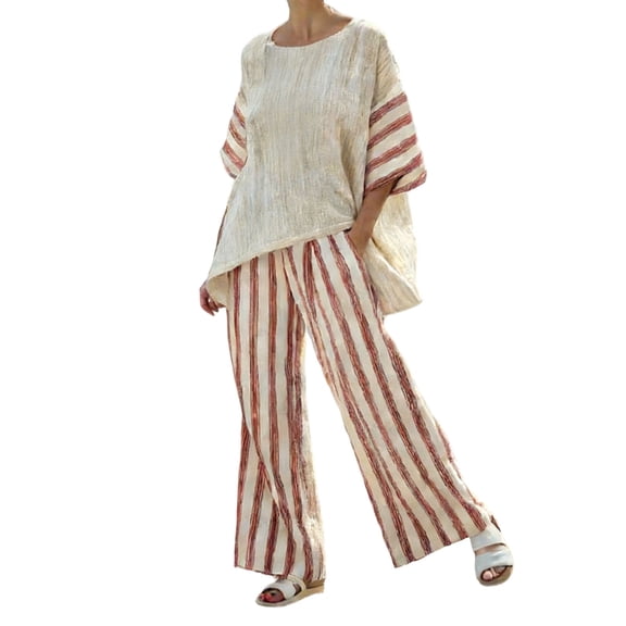 Enjoytime Womens Two Piece Sets Print Round Neck Short Sleeve Tops with Pants Lounge Set Trendy Loose Beach Vacation Outfits
