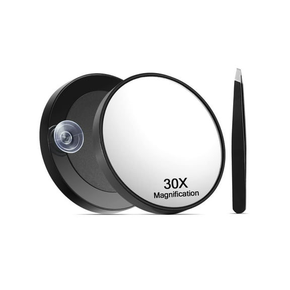 Gogcaro Round 30X Magnifying Mirror, 3.3inch Magnified Mirror with 2 Suction Cups Easy Mounting, Compact 30X Travel Magnification and Tweezers Set for Detailed Makeup, Blackhead Blemish Removal