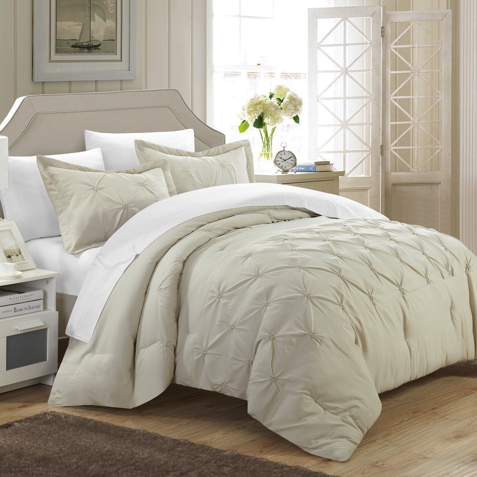 Chic Home Nikola 7Piece Pintuck Duvet Cover Set, Queen, Beige