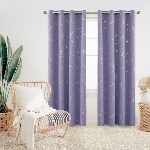 Deconovo Gold Wave Foil Print Blackout Curtains for bedroom - 52x84 inches, 2 Panels(Light Purple)