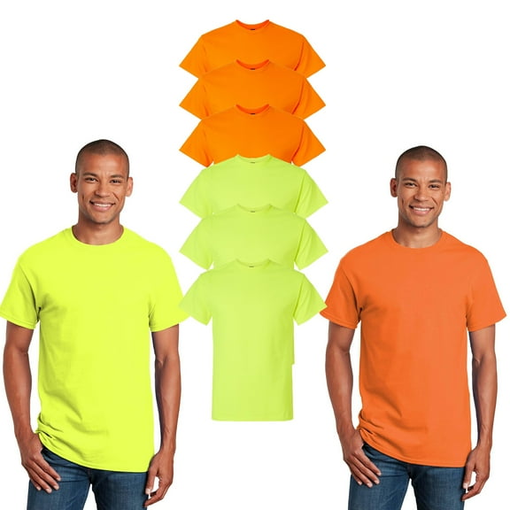 Gildan Hi-Vis Men Workwear T-Shirt, Crew Neck Short Sleeve Safety Green and Orange Tee, 6 Pack, XL