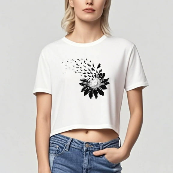 Busydd Summer Tops for Women Trendy Comfortable Cotton Tshirts for Women Casual Round Neck Graphic Tees for Women Lightweight Crop Tops for Women XL
