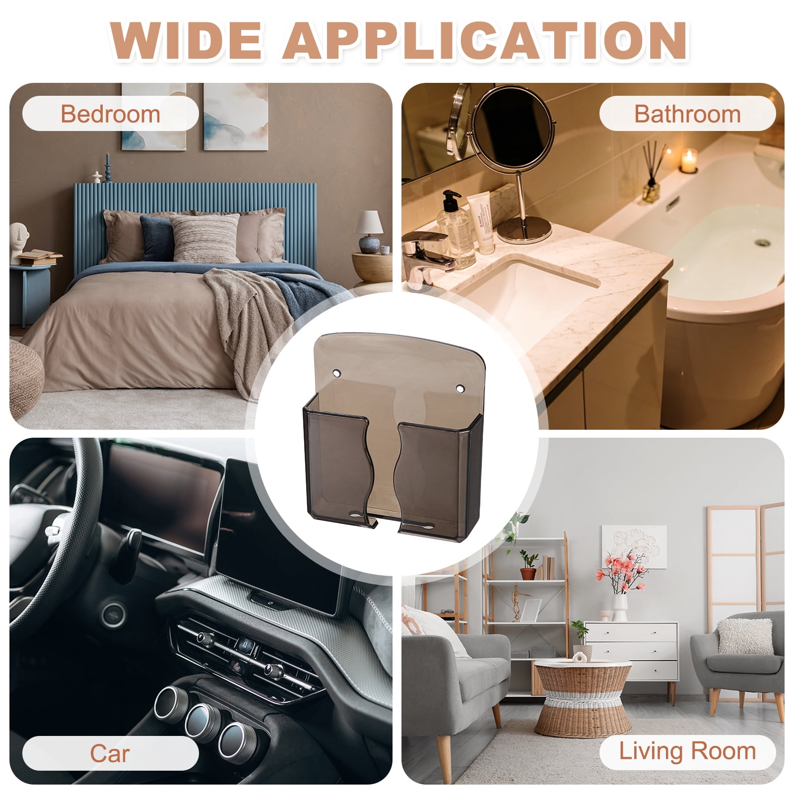 Uxcell 4Pcs Wall Mounted Phone Holder, Self-Adhesive PC Phone Stand with Charging Hole Charger Remote Control Stand Organizer for Home Office Bedroom Kitchen Smartphone, Transparent Black