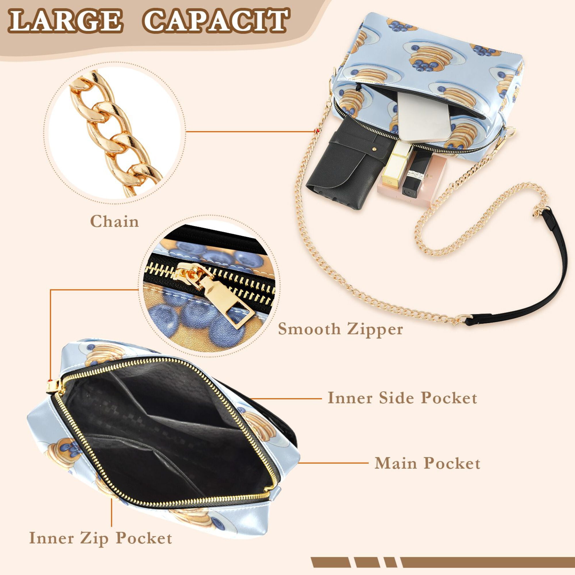 FORMRS Women Crossbody Purse with Chain Strap Vegan Leather Shoulder Handbag, Blueberry Pancake Pattern