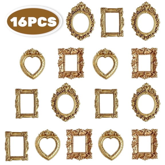 Mini Resin Picture Frames - Antique Gold Tiny Frames for Jewelry Display,DIY Photo Crafts,and Wedding Decor,16 Pcs