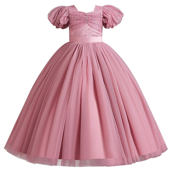 IBTOM CASTLE Flower Girls Sequin Lace-up Bow Dress for Kid Wedding Bridesmaid Pageant Party Formal Long Gown Communion Tulle Dresses 5-6 Years Dusty Pink