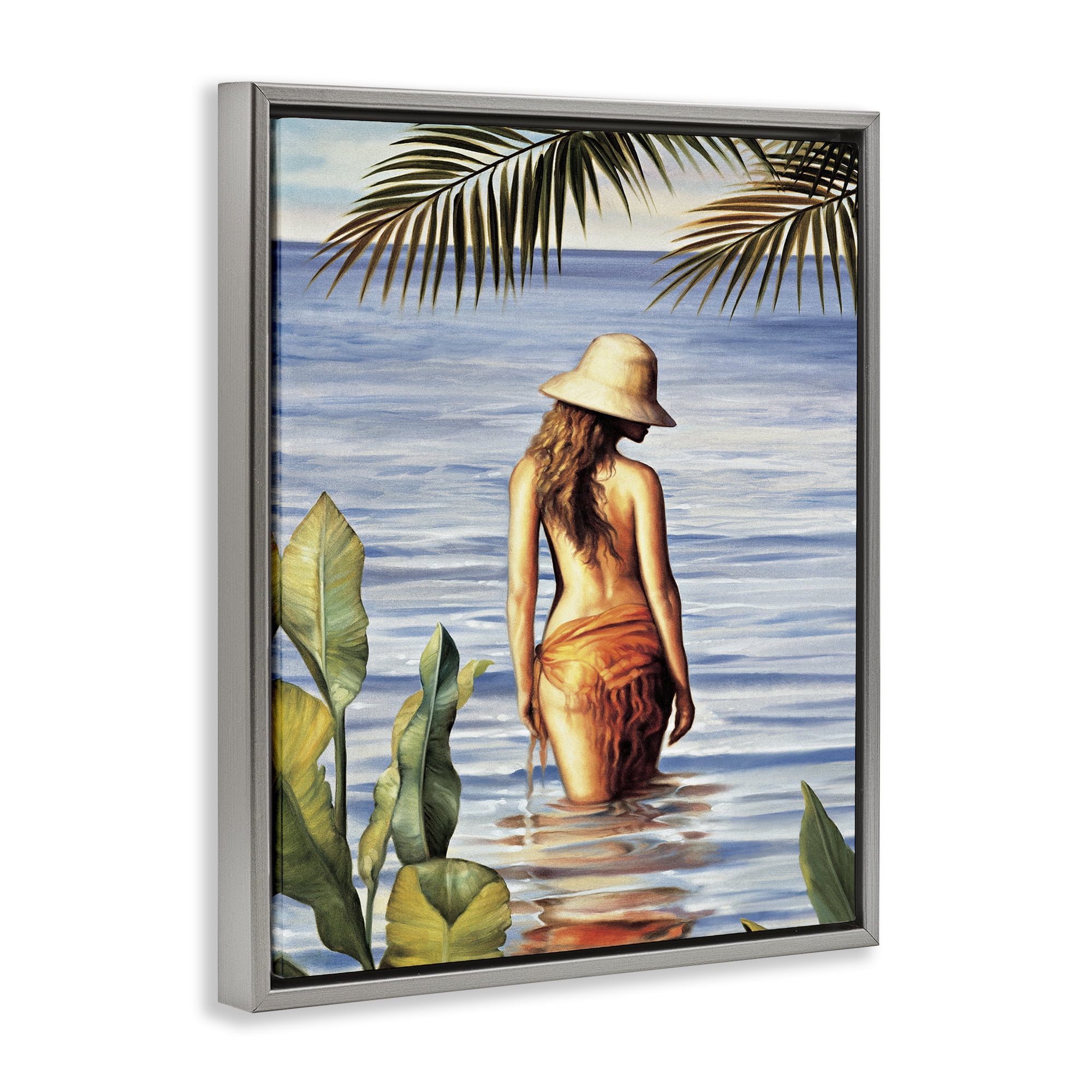 Stupell Industries Woman Wading Beach People Painting Gray Floater Framed Canvas Art Print Wall Art, 25 x 31