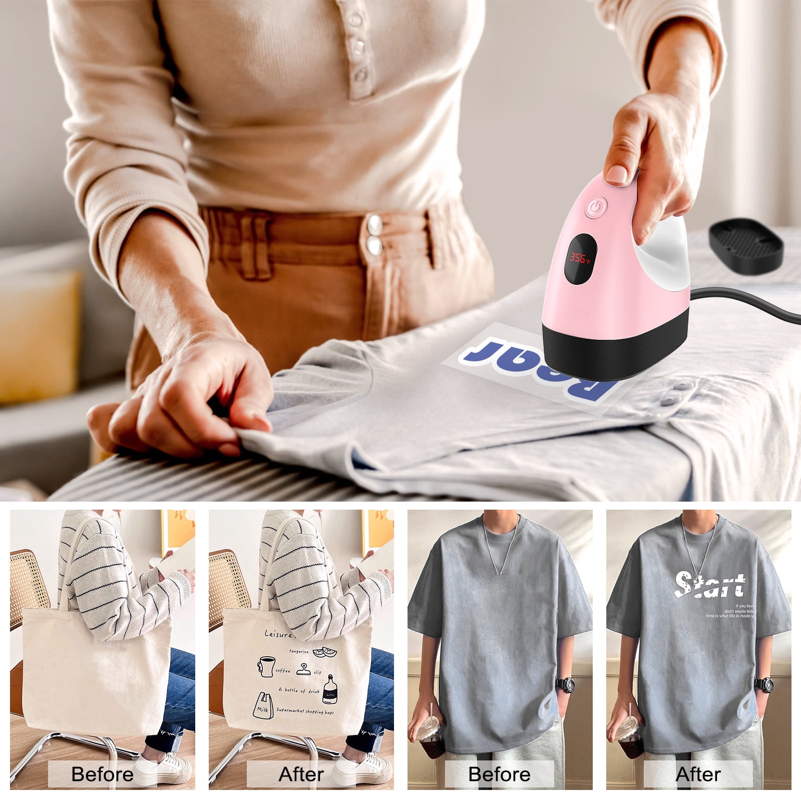 Mini Heat Press Machine, Mini Heat Transfer Iron, 3 Settings Levels & Visible Temp, Portable Press Easy for Crafts, T-Shirt, Hats, Shoes, Bags, Cap and Small Vinyl Projects (Pink)