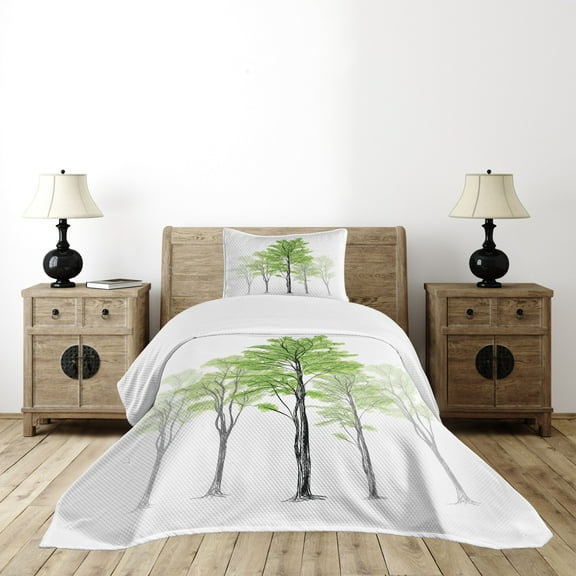 Ambesonne Forest Quilted Bedspread Set 2 Pcs, Hand Drawn Nature Motif, Twin Size, Green Black White
