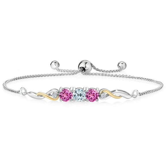 925 Sterling Silver and 10K Yellow Gold Topaz Pink Created Sapphire and White Lab Grown Diamond Tennis Bracelet for Women (1.82 Cttw, Gemstone November Birthstone, Fully Adjustable up to 9 inch)