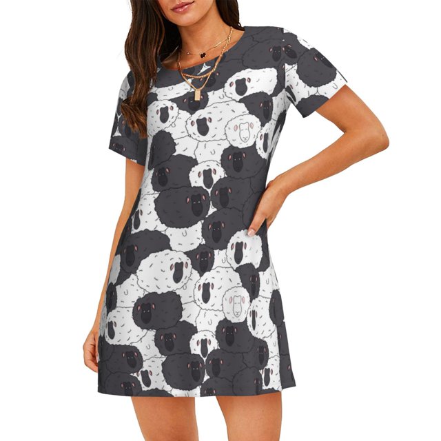 Fotbe Black And White Sheeps Bata de Dormir para Mujer con Estampado, Camisón de Algodón de Manga Corta, Ropa de Dormir Casual
