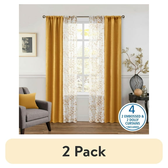 (2 pack) Mainstays Metallic Blackout Curtains and Sheers Set, 4 Panels, Brown Butter, 27.5" W x 84” L
