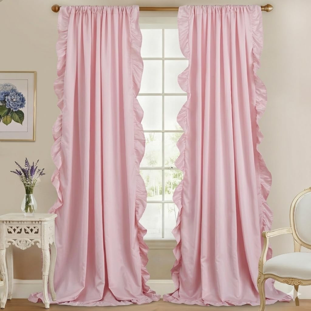 Pink Ruffle Curtains 52x84 Long 2 Panels for Girls Room, Scalloped Silky Satin Romantic Drapes, Light Filtering Privacy Shabby Chic Princess/Feminine Bedroom Window Decor