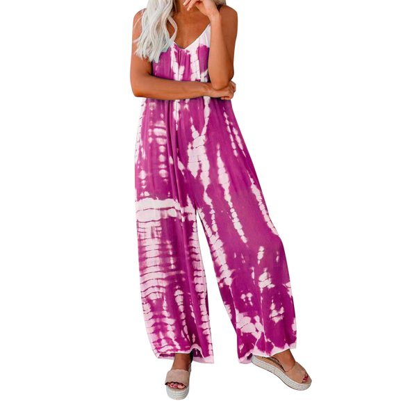 Outfmvch Jumpsuits for Women Wide Leg Pants for Women Tie Dye Jumpsuit Sleeveless Casual Summer Spaghetti Flowy Wide Leg Rompers Womens Pants Hot Pink XXL