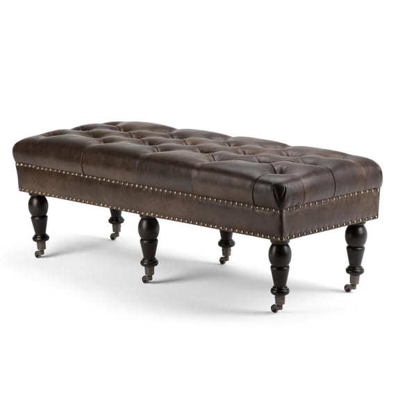 Henley 50 inch Wide Traditional Rectangle Tufted Ottoman Bench in Distressed Brown Bonded Leather