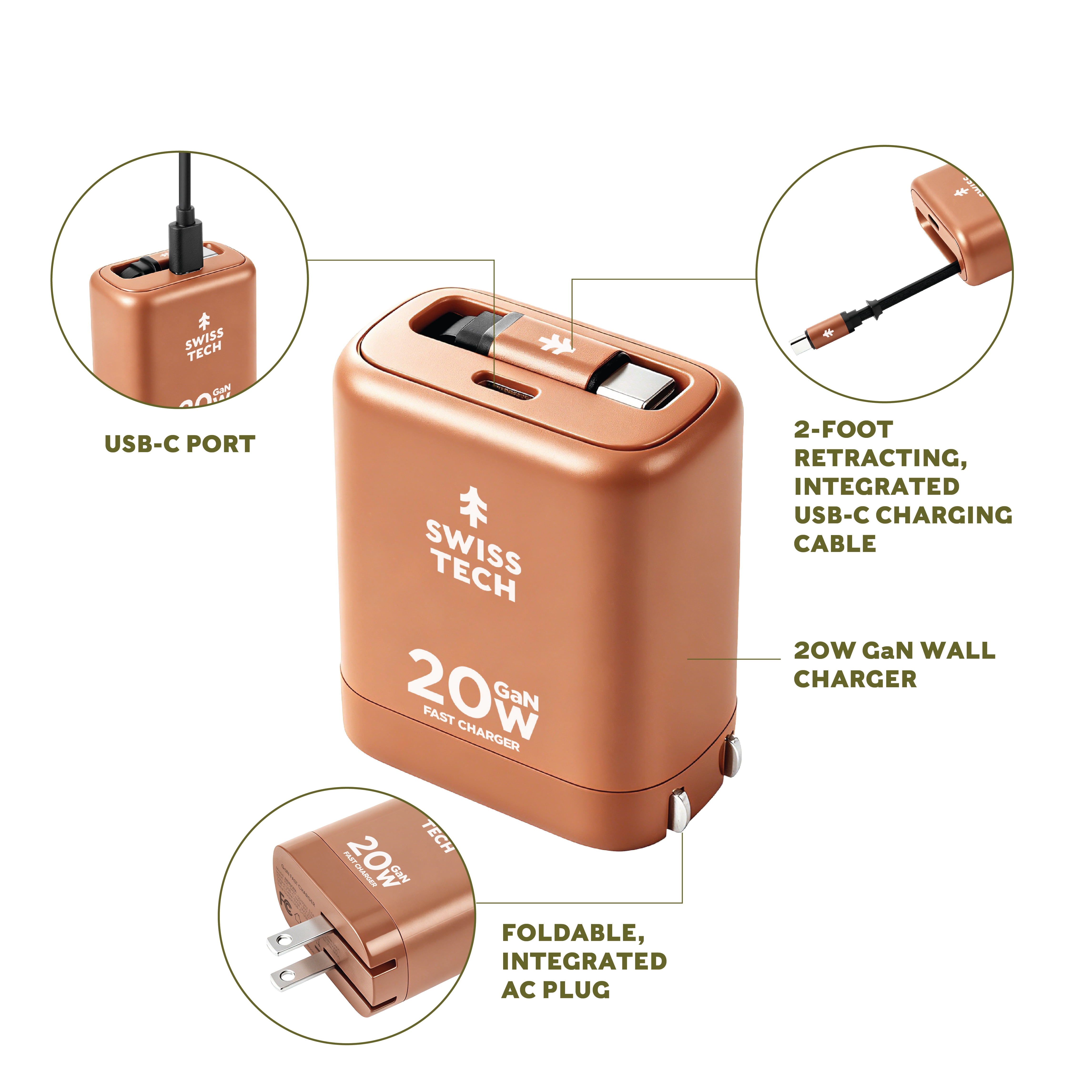 Swiss Tech Mussen 20W USB-C Wall Charger with Retractable Cable, Fast PD Charging, Terra Orange