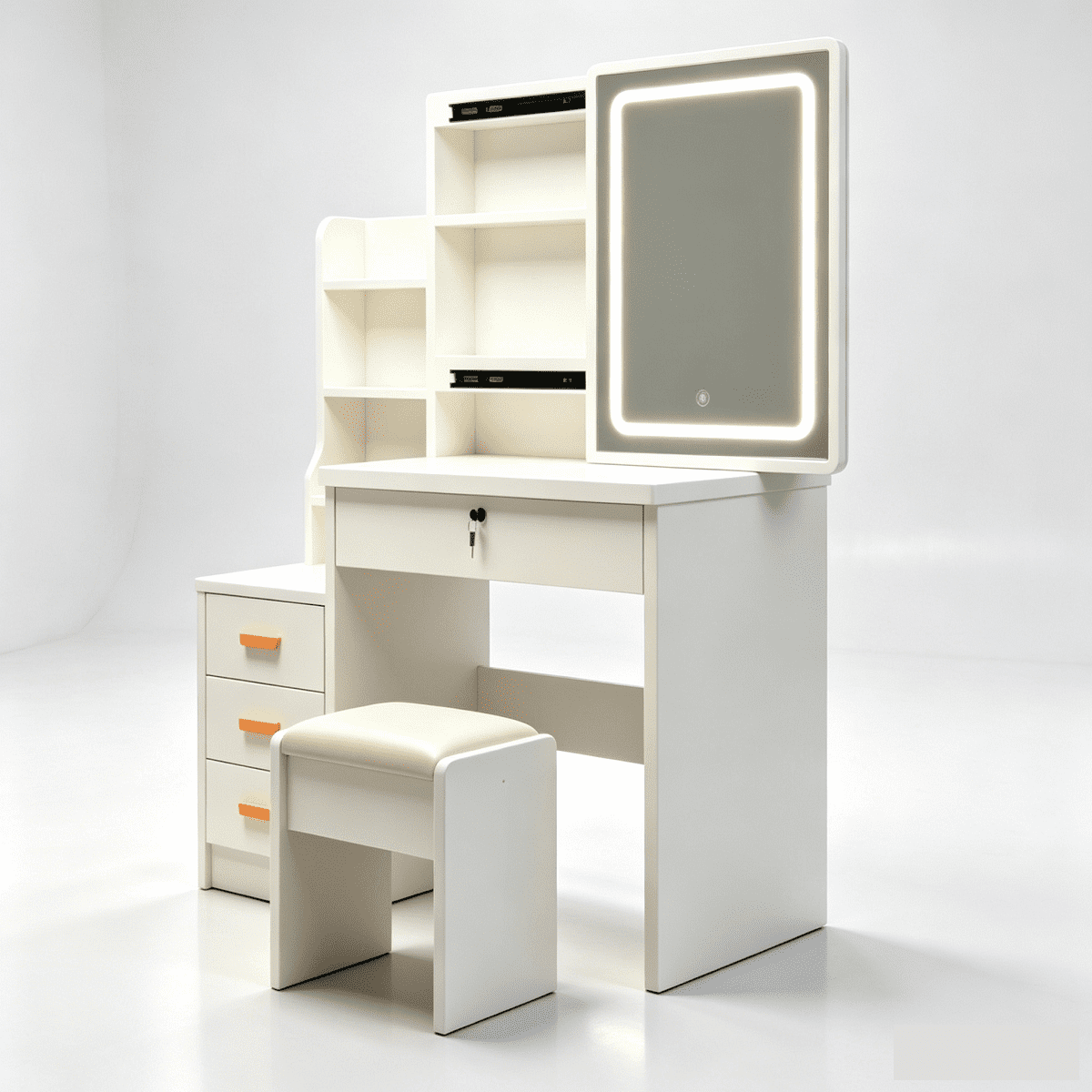 Vanity Table Set includes LED-lit mirror, bedroom makeup table with storage and cushioned stool, Vanity Desk for Women (White)