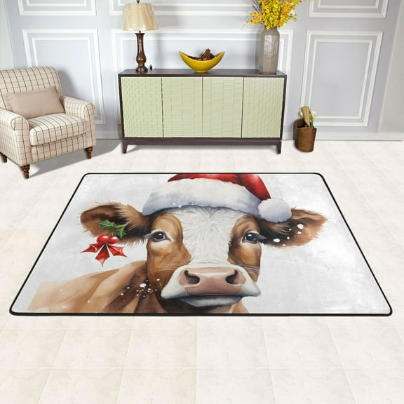 Cow with Christmas Hat Area Floor Mats Soft Large Nursery Rugs Non-Slip Foam Carpets Living Room Doormat for Bedroom Dinning Decor 36" x 24"