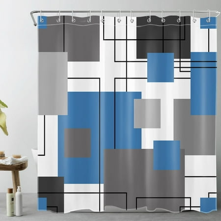 Grey and White Striped Geometric Shower Curtain Decor, Abstract Mid Century Modern Black Blue Shower Curtains for Bathroom 72X78 inch Polyester Fabric Bathroom Decoration Bath Curtains Hooks Included