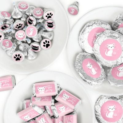 Purr-fect Kitty Cat - Mini Candy Bar Wrappers, Round Candy Stickers and Circle Stickers - Kitten Meow Baby Shower or Birthday Party Candy Favor Sticker Kit - 304 Pieces