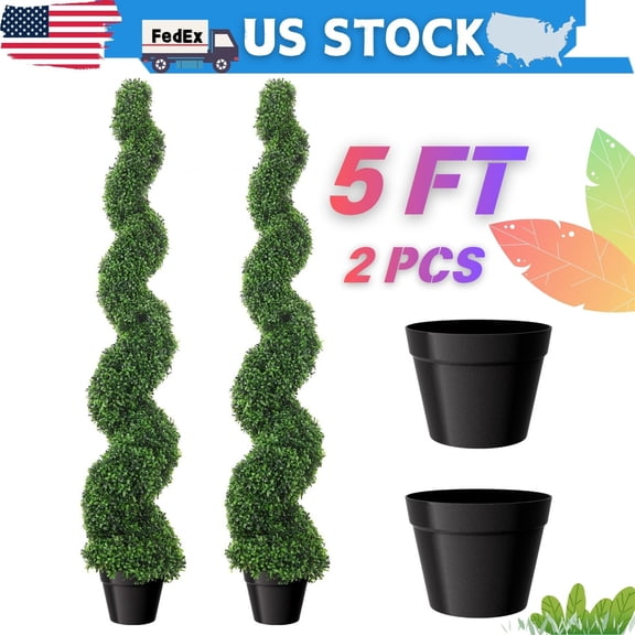 Artificial Boxwood Spiral Topiary Plant, 5ft (2 Pieces), Highly Realistic, Odorless, Replaceable Leaves, Faux Outdoor Plant for Entryway, Hallway