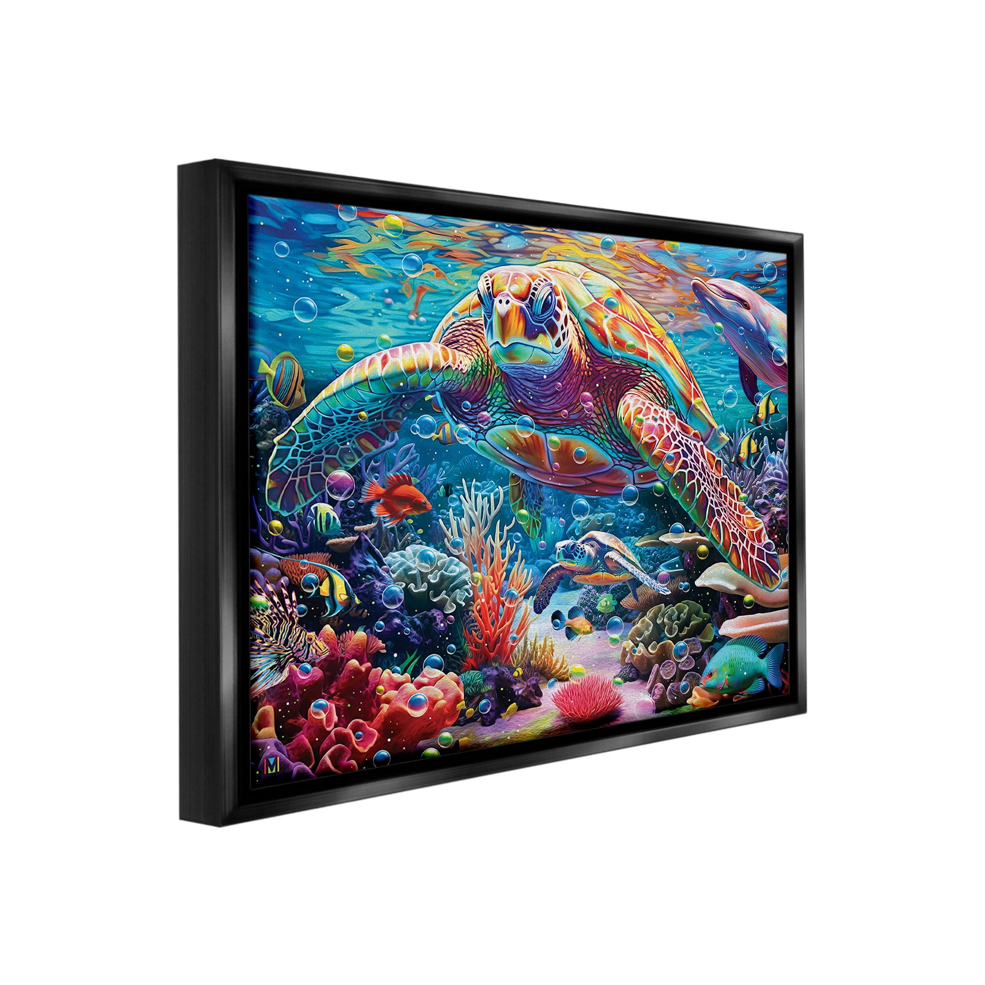 Stupell Industries Vivid Sea Turtle & Reef Animals & Insects Painting Black Floater Framed Canvas Art Print Wall Art, 21 x 17