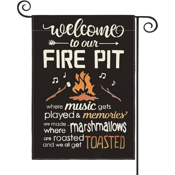 Welcome To Our Fire Pit Camping Garden Flag 12 x 18 Inch Double Sided, RV Campsite Campfire Camper Yard Outdoor Decoration