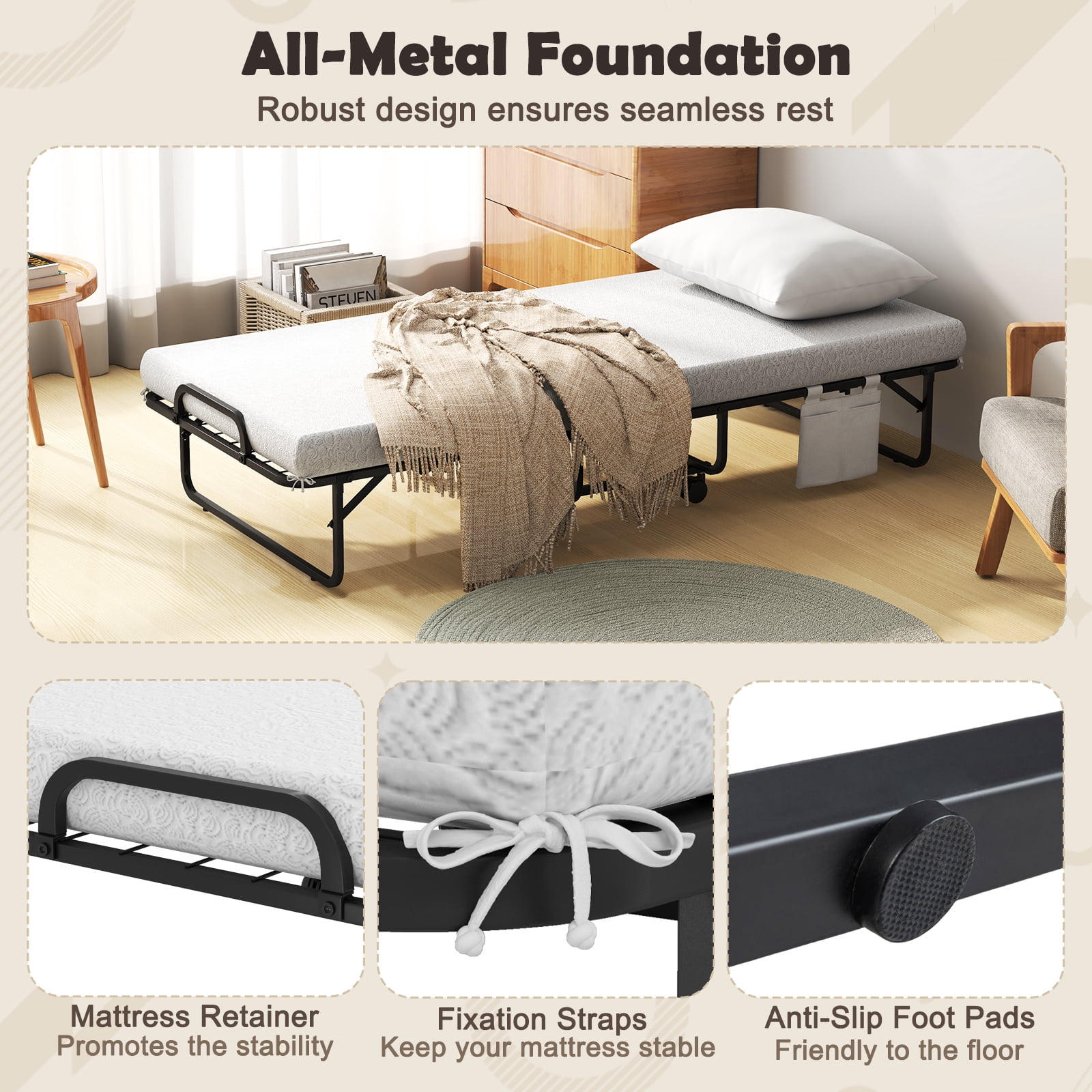 Topbuy Folding Bed with Mattress 75" x 31" Cot Size Rollaway Adult Bed with Memory Foam Mattress &Pillow