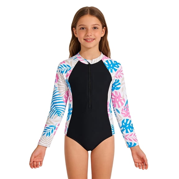 REDARER Girls 1 Piece Rash Guard Swimsuit Tropical Leaf Print Long Sleeve Zip-Up Front UPF 50 Summer Beach Pool Swimwear,11-12 Years