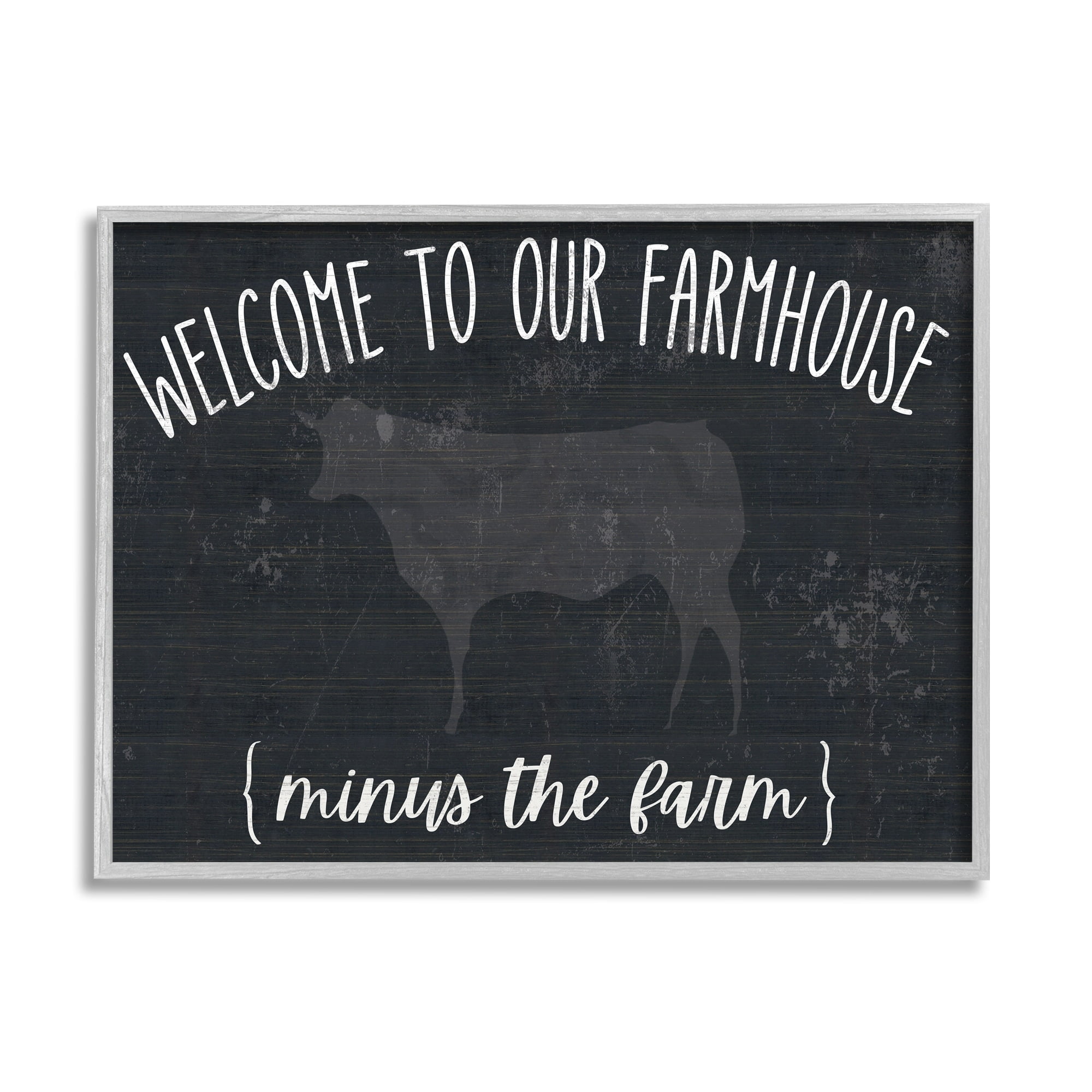 Stupell Industries Welcome To Farmhouse Playful Rustic Cow Motif Graphic Art Gray Framed Art Print Wall Art, Design by White Ladder