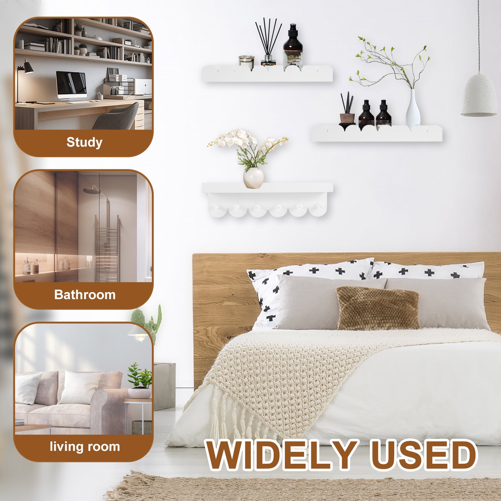 3Pcs Scalloped Wood Wall Storage Shelf Versatile Strong Load Bearing Wood Floating Wall Shelf for Nursery Living Room Toddler Room