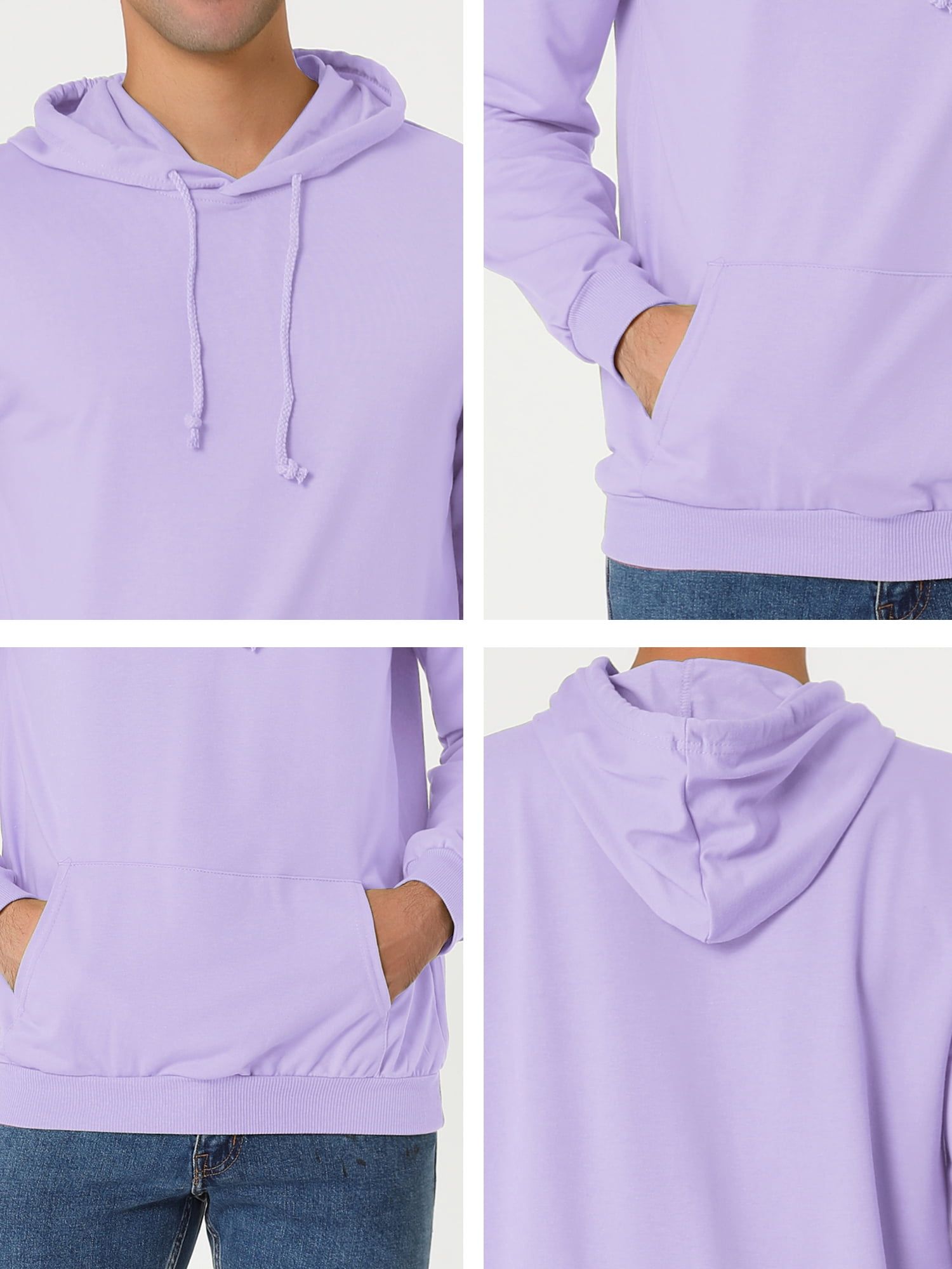 Unique Bargains Men's Hoodie Sweatshirt Long Sleeves Solid Drawstring Pullover L Light Purple