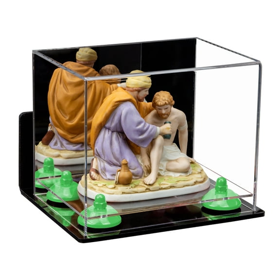 Versatile Acrylic Display Case - Small Rectangle Box with Mirror, Wall Mount, Green Risers and Clear Base 8.25" x 6" x 6.75" (A003-GRR)