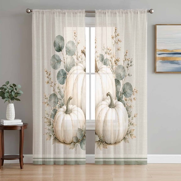 Thanksgiving Sheer Curtains 96 Inch Length 2 Panels Set, Fall White Pumpkin Eucalyptus Leaves Striped Voile Window Treatment Semi Sheer Long Curtains Drapes for Bedroom/Living Room/Kitchen 52"x96"x2