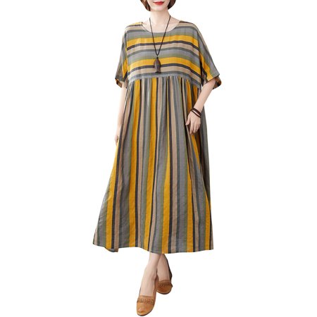 FlyFlise Vintage Women Cotton Linen Dress Striped Print O Neck Half Sleeve Pocket Loose Casual Dress