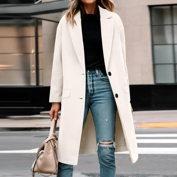 Women's Notch Lapel Coat, Single Breasted Long Jacket, Relaxed Fit Trench Coat, Casual Open Front Overcoat, Elegant Loose Fit Fall Winter Outerwear Beige L