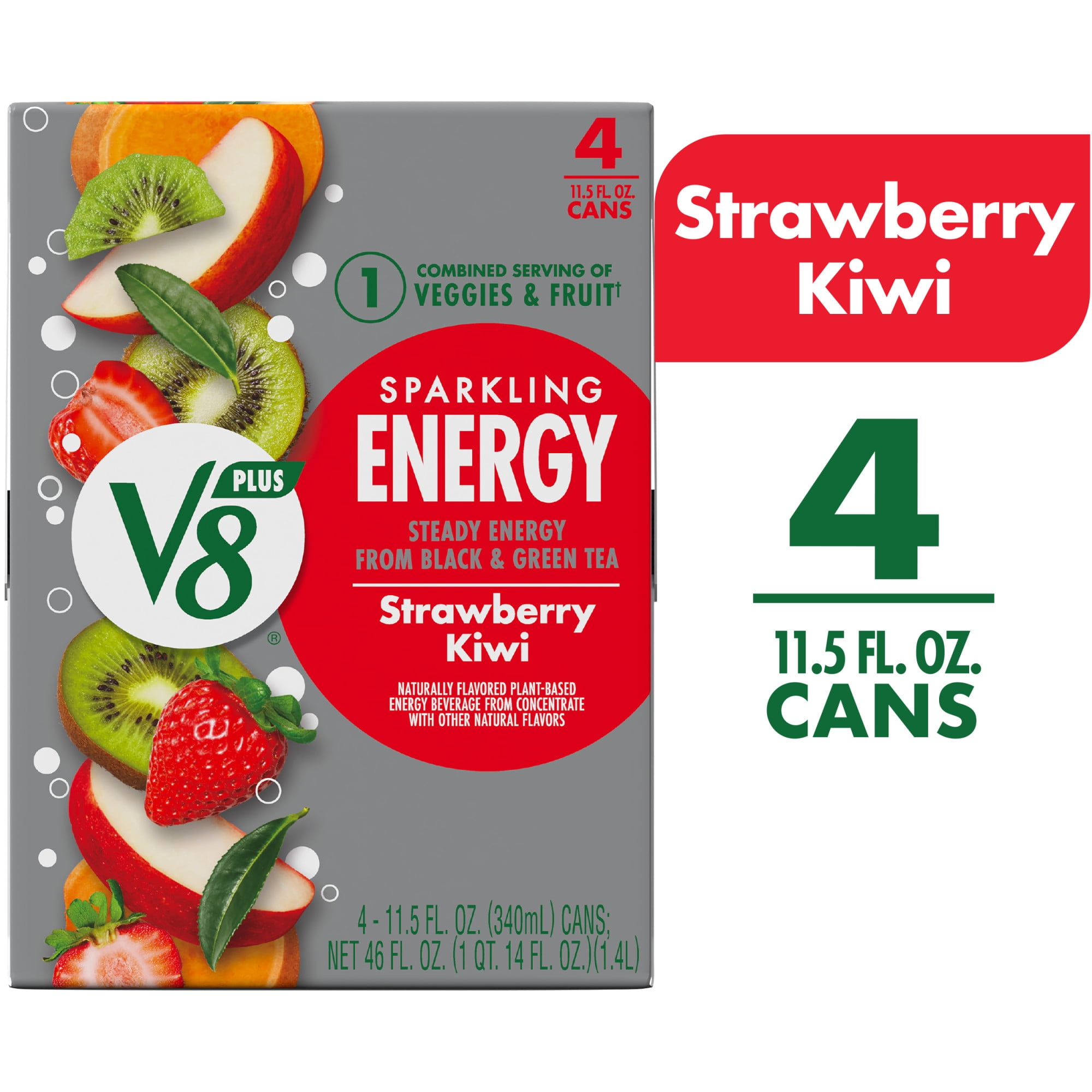 V8 +Energy Sparkling Strawberry Kiwi Juice Energy Drink, 11.5 fl oz Can, 4 Count