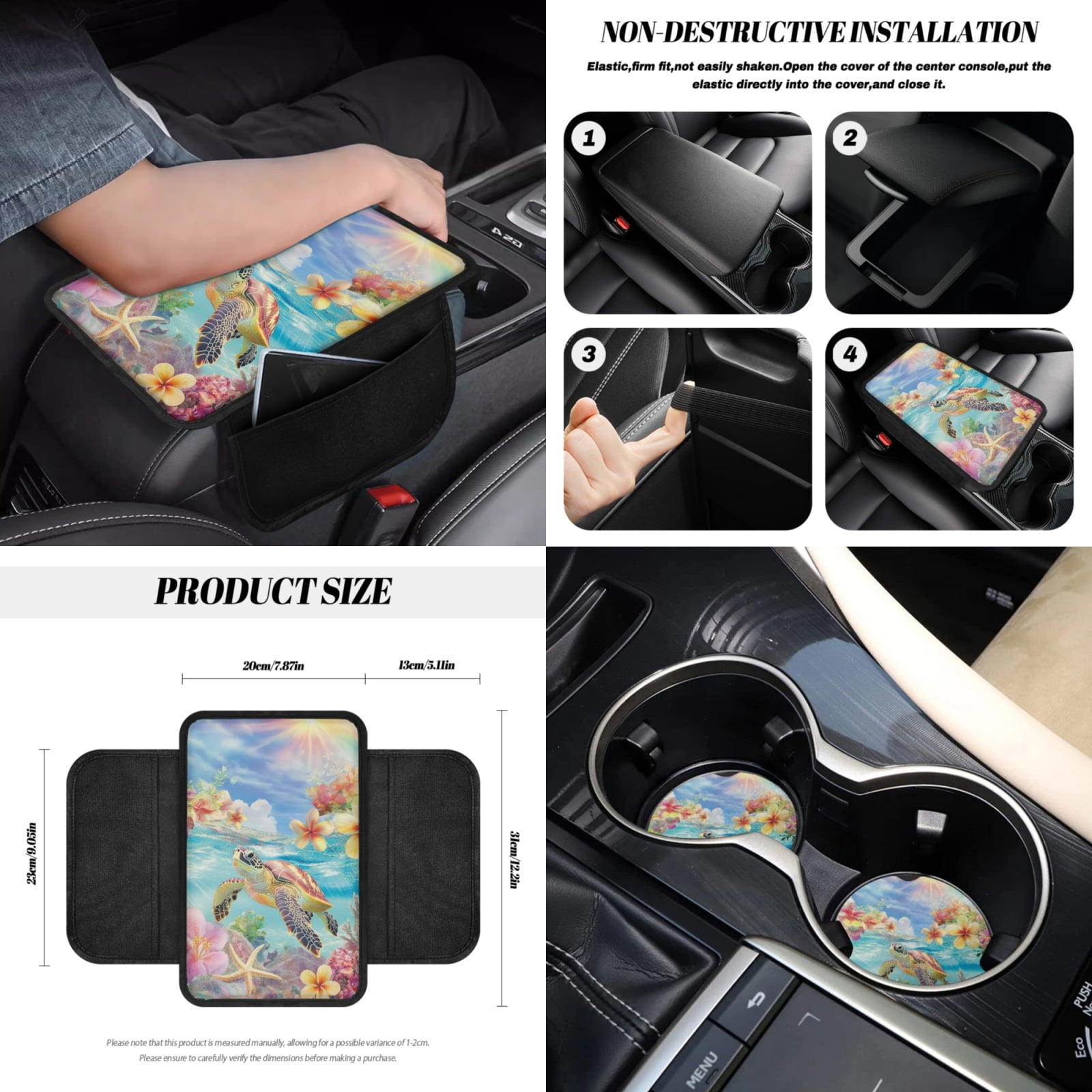 Renewold Sea Turtle Plumeria Starfish Car Front Seat Covers Set 12 Pack, with Steering Wheel Rear View Mirror Cover Seat Belt Pads Armrest Prorector Trash Bin Sunglass Pocket Coasters Key Chain
