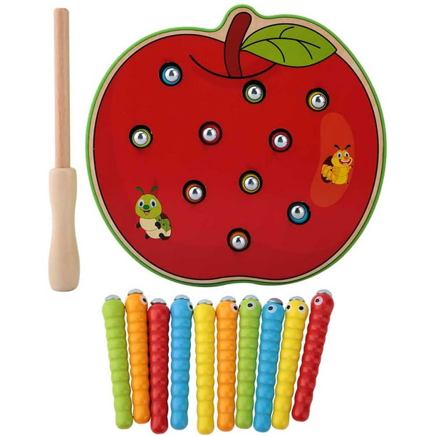 Juguete magnético de madera con forma de gusano de captura para niños, juguetes educativos para el desarrollo de la inteligencia, manzana