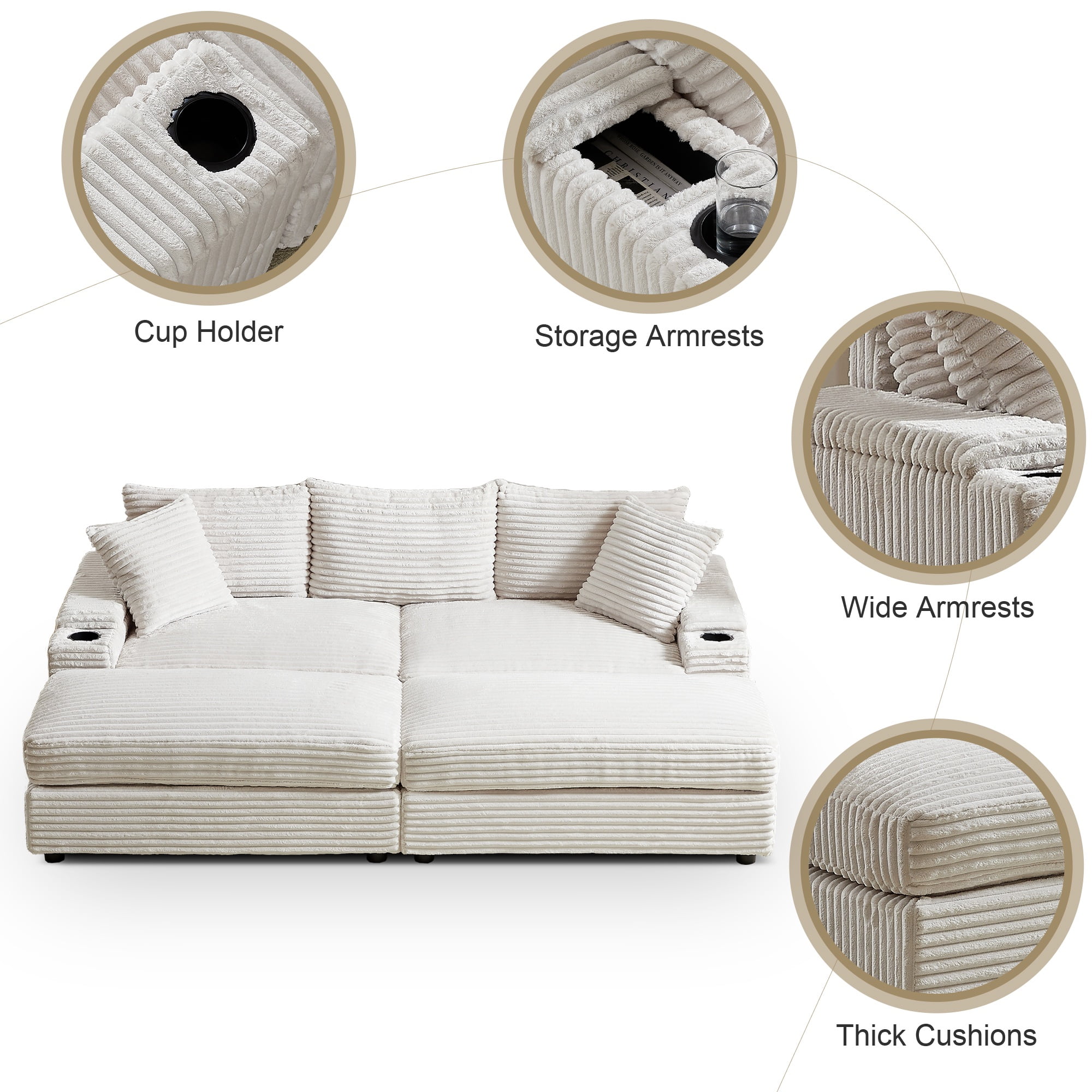 BUIORD 87" Sectional Couch with Ottoman, Oversized Corduroy 3-Seater Sofa with Storage Armrest and Cup Holders, Deep Seat Upholstered Couch for Living Room Bedroom, Beige