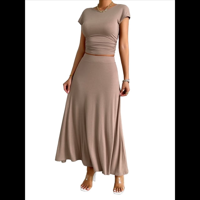 Conjunto de Vestido de Cóctel Formal con Top Fruncido y Corte A para Mujer Color Café M
