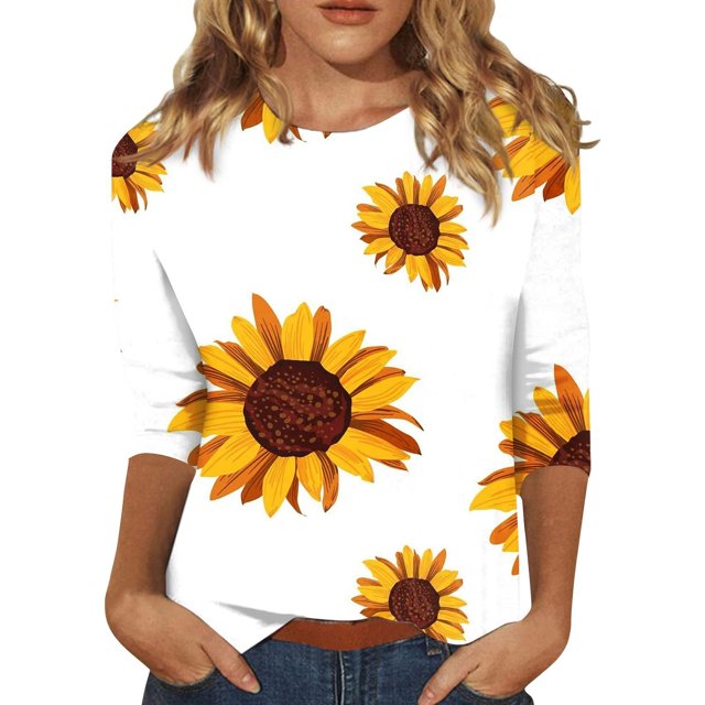T-Shirt à Manches Courtes pour Femmes Liquidation T-Shirt en Chiffon pour Femmes Mode Décontractée à Imprimé Floral à Rayures T-Shirt à Manches Trois Quarts